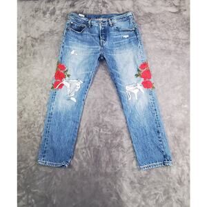 Levi's Blue Straight Leg Jeans with Red Floral Embroidery